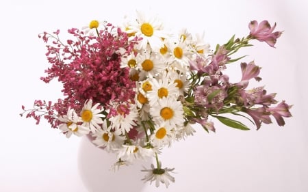 Summer bouquet - summer, flower, pink, bouquet, vase, yellow, white, daisy, green