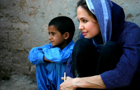 Angelina Jolie - blue, girl, child, actress, black, scarf, woman, movie, angelina jolie