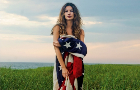 Lily Aldridge - lily aldridge, blue, girl, grass, american, white, red, green, woman, model, sky, flag