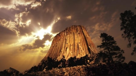 devils tower - cliff, rock, landscape, wyoming, hdr, tower, sky, clouds, gold, monument, trees, mountain, devils tower