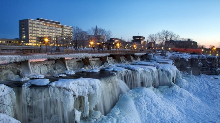 frozen falls in new edinburgh ottawa - city, waterfalls, frozen, sunset, rocks