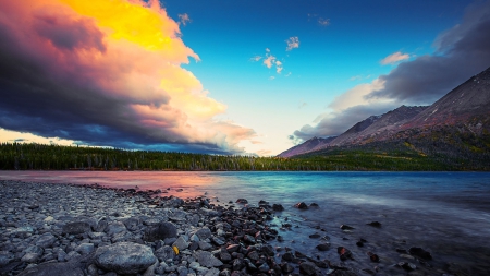 superb sky over beautiful landscape - sky, forest, mountain, river, clouds, rocks