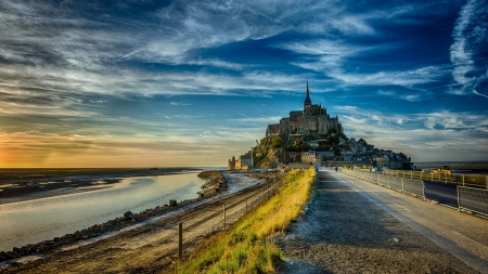 fabulous mont st michel in france - monastery, pier, clouds, island, sea