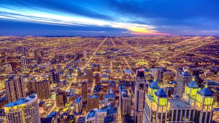 magnificent mile in chicago - urban, twilight, city, crowded, streets, lights