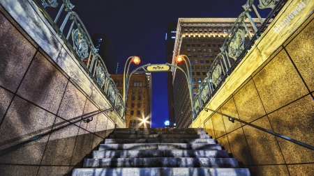 steps out from chicago metra train station hdr - lights, walls, city, steps, night, hdr