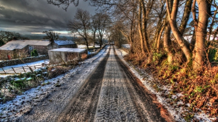 wonderful countryside road in winter hdr - trees, winter, toad, hdr, fences, farms