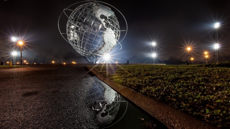 the unisphere at flushing meadow park nyc - puddle, park, globe, night, monument, lights