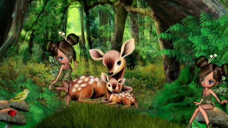 Fairy Forest Friends - whimsical, deer, fantasy, ladybugs, bird, forest, woods, fairies, green, fairy, grass, ferns