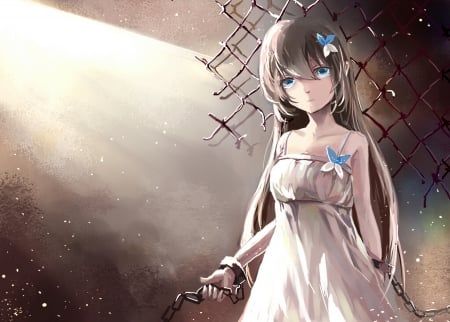 Anime - vocaloid, white, luo tianyi, dress, Shackles, Anime