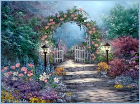 FLORAL ARCHWAY - LAMP, STAIRS, ARCHWAY, POSTS, FLOWERS