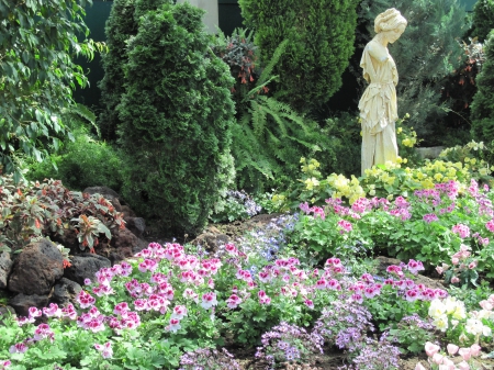 Colorful Flowers a garden makeup 86 - trees, Flowers, purple, green, photography, Garden, statue