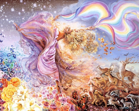 Rainbow Girl - butterflies, rainbow, badgers, deer, flowers, girl, stars, colour