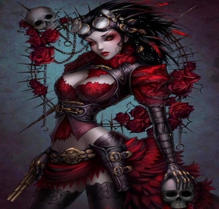 *Red Lady Mechanika* - gun, roses, lips, eyes, mixed media, game, warriors, flowers, weapons, skulls, red roses