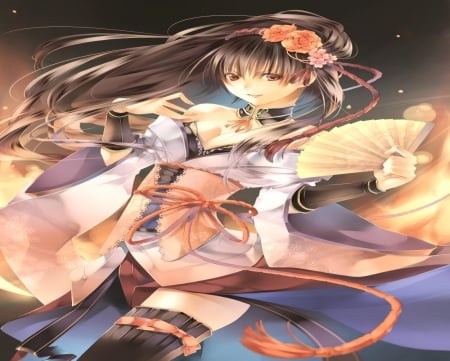 Dancer - dancer, fan, girl, long hair, oriental, kimono, orginal