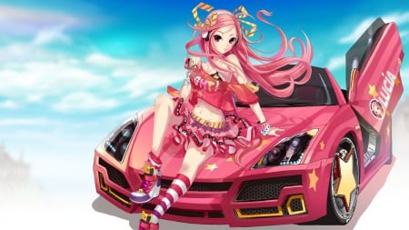 Pink - long hair, cant think of a fourth, pink, car, pink hair, rims, girl