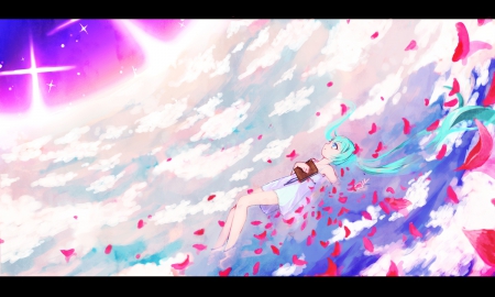 ~Dream Away~ - book, beautiful, vocaloid, anime, sky, petals, clouds, colorful, hatsune miku