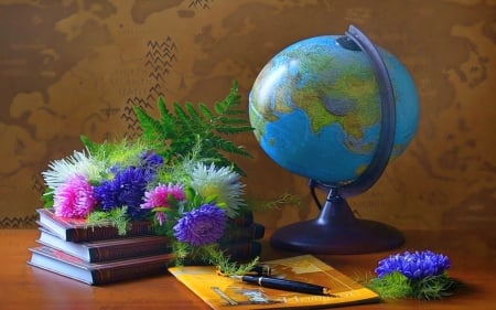 Learning - desk, globe, colors, flowers, book