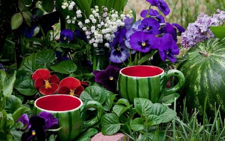 summer garden tea party - lily, summer, flowers, tea party, still life, garden, pansies