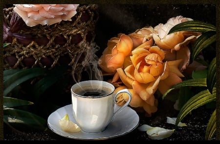 hot black coffee and roses