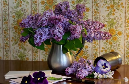 lilacs & pansies - flowers, lilacs, still life, pansies