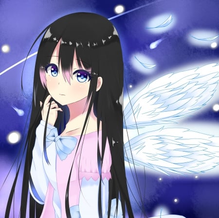 Tenshi - cute, hot, anime girl, girl, sparks, wings, feather, blouse, pretty, wing, sweet, anime, dress, long hair, nice, lovely, sexy, black hair, female, angel