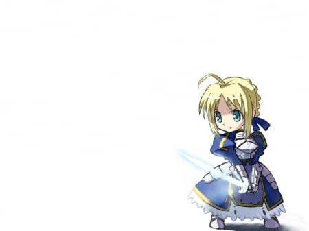 Saber - saber, female, knight, blond, simple, anime girl, blade, armor, white, blond hair, sparks, blonde hair, anime, sword, cute, girl, adorable, chibi, warrior, light, long hair, fate stay night, glow, kawaii, plain, weapon, dress, blonde