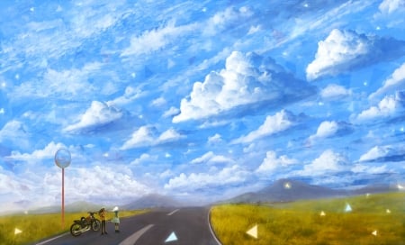 CloudScape - horizon, anime, female, scenery, landscape, scene, mountain, bike, view, field, sky, hill, motorcycle, beautiful, girl, road, scenic, beauty, street, nature, cloud