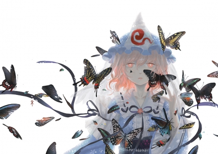 Butterflies - anime, female, wing, gloomy, gloom, touhou, sad, plain, anime girl, Saigyouji Yuyuko, hot, girl, simple, white, wings, butterfly, cute, sexy