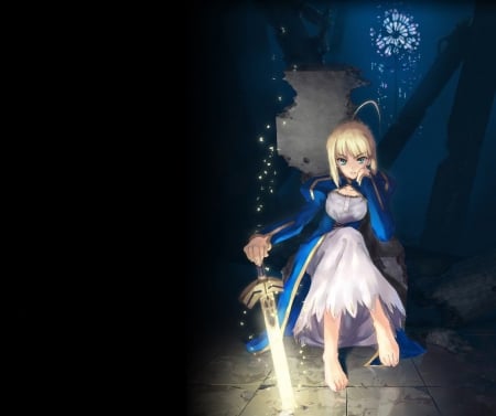 Saber - saber, anime, female, warrior, dress, blonde, blond hair, light, long hair, dark, armor, blond, weapon, sparks, anime girl, hot, girl, sword, blonde hair, darkness, knight, blade, glow, cute, sexy, fate stay night, excalibur