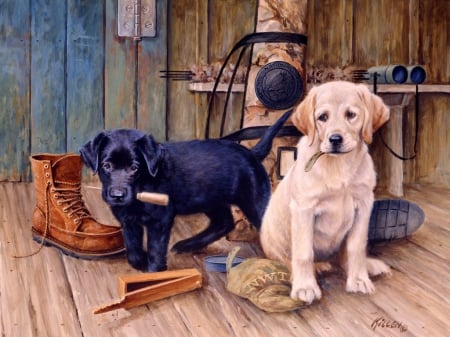 Cute dogs - artwork, boot, puppies, lovely, sweet, home, playing, dogs, painting, friends, adorable, nice, art, animals