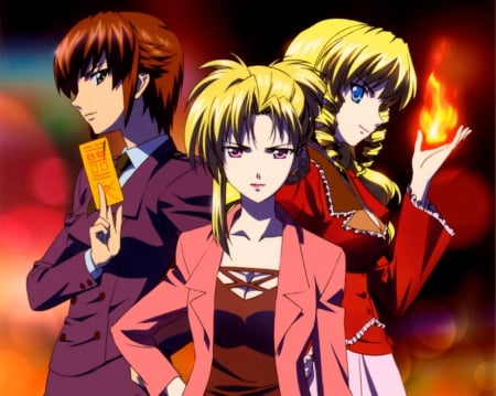 Kaze no Stigma - anime, magic, female, maiden, team, blonde, blond hair, long hair, emotional, warrio, short hair, group, kaze no stigma, fire, blond, anime girl, serious, hot, girl, blonde hair, brown hair, sinister, lady, talisman, cute, stigma of the wind, sexy