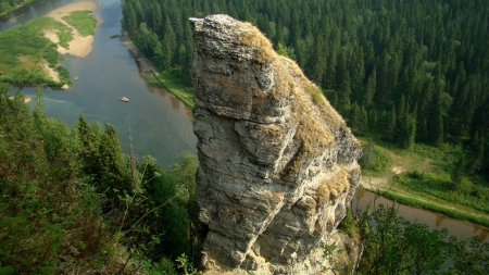 mighty rock pillar by a river - river, rock, forest, pillar, raft