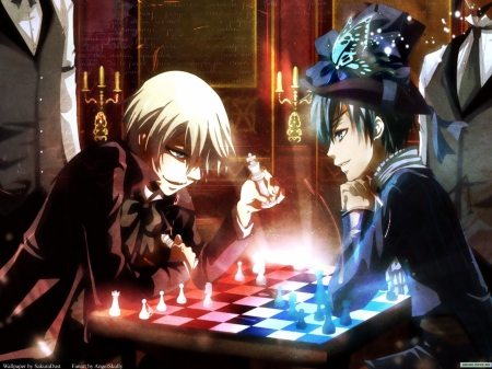 Playing Chess - blonde hair, cool, evil, black bulter, anime boys, chess, butterfly, evil look, black hair, nice