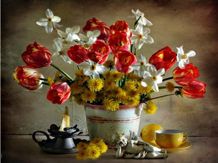 LOVELY STILL LIFE - dandelions, vases, tulips, lovely, still life, photos, nature, beautiful, flowers, natural