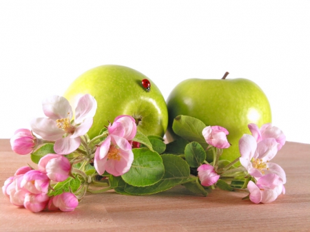 Apple blossom time - pink, green, apple blossoms, apples, fruit