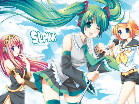 Hatsune Miku and the Vocaloids - vocaloids, three, blue, pink, orange