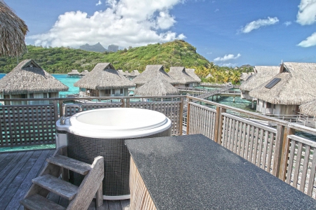 Hilton Bora Bora Jacuzzi Hot Tub on Water Villa Bungalow Deck - Paradise - hot, paradise, pacific, water, room, hotel, villa, polynesia, french, bora bora, hilton, holiday, south, resort, tub, bungalow, islands, tropical, exotic, jacuzzi, society, island, tahiti