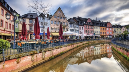 cafes bordering a city canal - canal, cafes, embankments, city