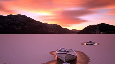 rowboats on a frozen lake - lake, mountains, frozen, sunset, boats