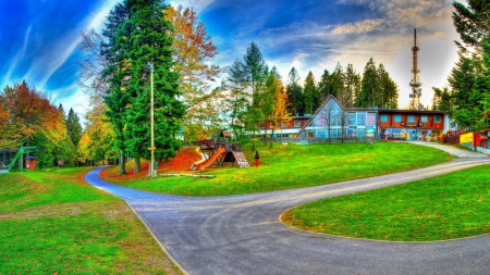 huge antenna above an elementary school in slovenia hdr - lawn, trees, school, hdr, jungle gym, antenna