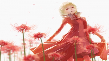 Red - red, lady, cant think of a fourth, petals, flowers, girl, dress