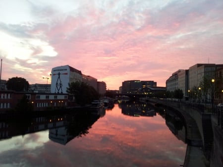 sunrise in berlin - river, sunrise, morning, town