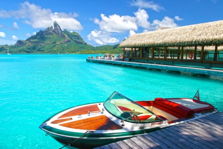 Boat floating on clear blue sea overlooking Mount Otemanu Bora Bora paradise island - lagoon, blue, society, beach, boat, island, french, mount, polynesia, tahiti, atoll, exotic, paradise, south, sea, ocean, islands, tropical, bora bora, otemanu