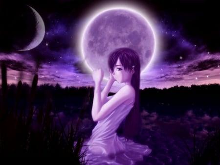 moon girl - purple, cute, girl, moon night