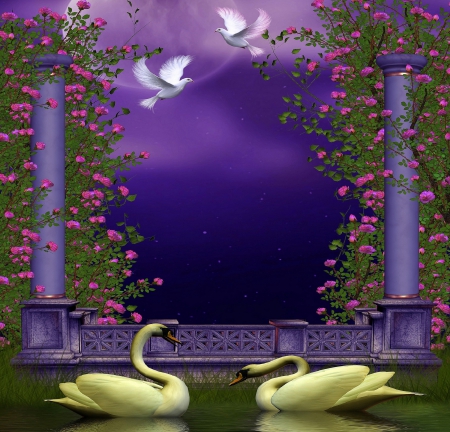 âœ«Couple Togetherâœ« - roses, animals, stock images, creative pre-made, doves, creeping plants, exterior, grass, pond, swans, pillars, premade bg, roses garden, love four seasons, gardens and parks, together, backgrounds, couples