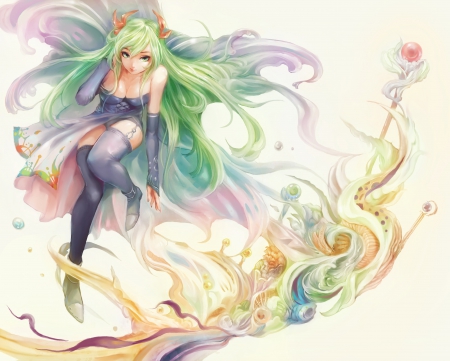 Mumi - beauty, woman, girl, soft, magic, long hair, purple, multicolor, yellow, blue, beautiful, anime, green, colors, cute, dress