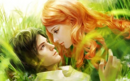 Young Lovers - boy, profile, girl, grass, love, young