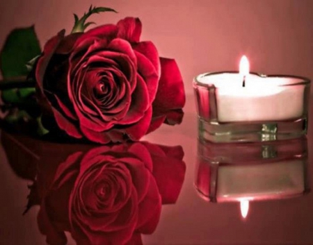 â™¥ Romantic â™¥ - candle, reflection, flowers, still life, red rose