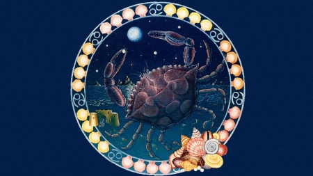 Zodiac ~ Cancer - moon, sky, zodiac, crab, art, blue, animal, orange, planet, cancer