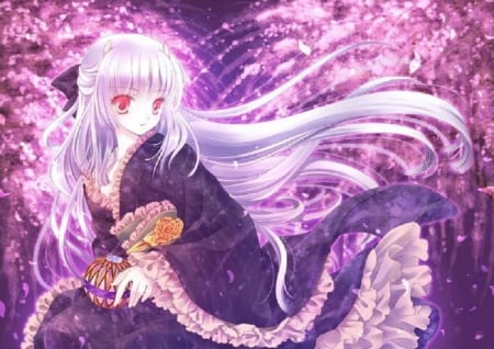 Oriental Vampire - red eyes, orginal, kimono, sakura, girl, vampire